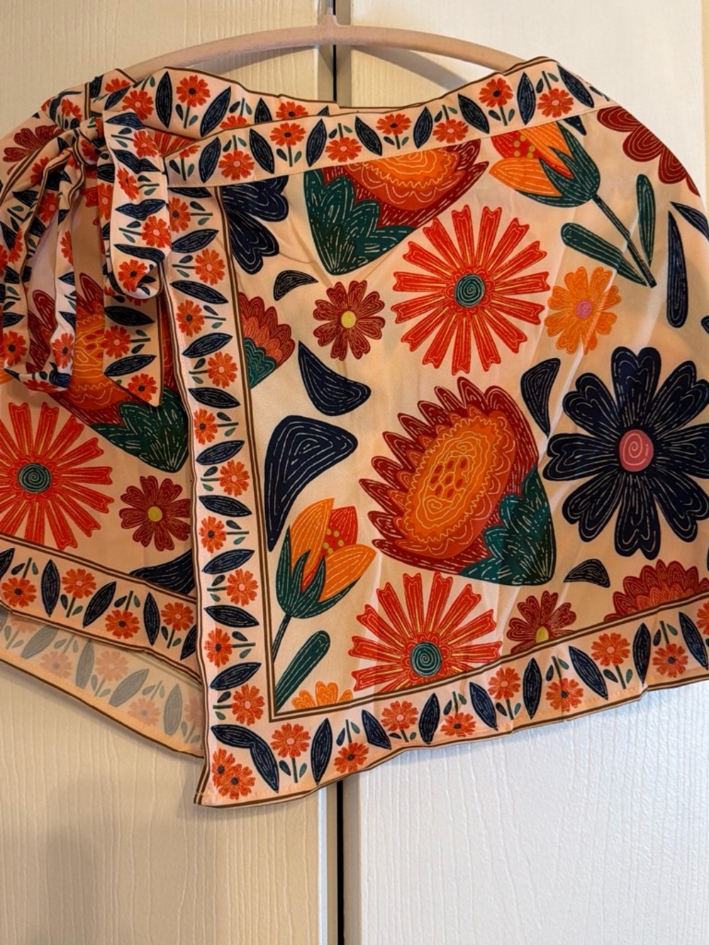 Floral Tie-Front Skort in Cream with Orange & Green Print - Picture 3 of 4